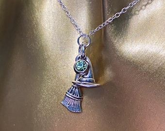 Wicked Witch Necklace - Elphaba - Wicked - Witch hat charm - Broomstick charm - green rhinestone - silver plated - necklace