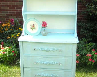 SOLD - Vintage French Provincial Hutch in Faded Aqua