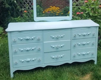 SOLD - Vintage French Provincial Triple Dresser with Attached Mirror  in Faded Aqua