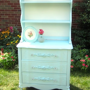 SOLD - Vintage French Provincial Hutch in Faded Aqua