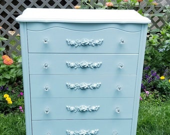 SOLD - Vintage French Provincial Highboy Dresser in Faded Aqua