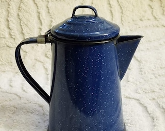 Vintage Enamelware Coffee Pot in Speckled Cobalt Blue