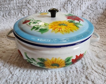 Vintage Bumper Harvest Enamelware Tureen / Covered Dish with Sunflowers