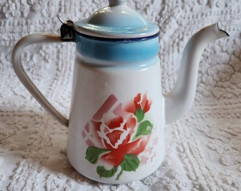 Vintage Enamelware Coffee Pot with Roses