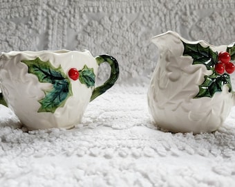 Vintage Lefton Creamer Pitcher and Sugar Bowl Set with Embossed Holly