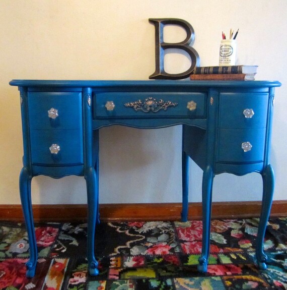 Vintage French Provincial Kidney Desk Vanity In Peacock With Etsy