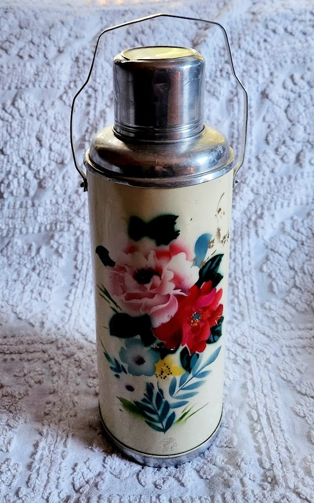 Vintage Aluminum Thermos golden Dragon Made in China, Old Travel
