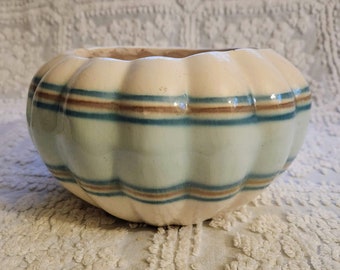 Vintage Cream Pottery Bowl with Aqua and Brown Band