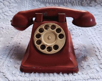 Vintage Metal / Tin Dial O Phone Toy Rotary Phone - Red