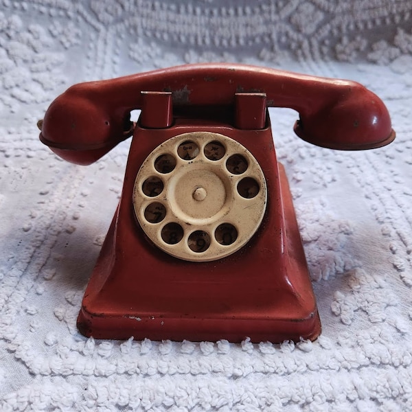 Vintage Metal / Tin Dial O Phone Toy Rotary Phone - Red