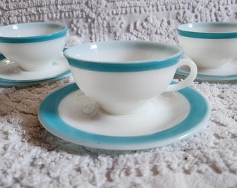 Vintage Pyrex Mugs and Saucers with Aqua Band - Set of 3