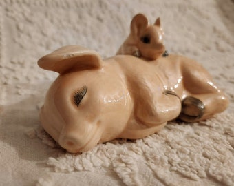 Vintage Sleeping Sow with Piglet Ceramic Figurine