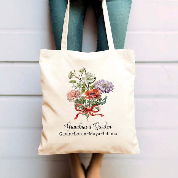 Sac fourre-tout, fourre-tout jardin de grand-mère, sac fourre-tout personnalisé fleurs de naissance petits-enfants, cadeau pour elle, cadeau pour grand-mère, idées cadeau pour les grands-mères