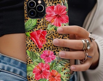 Tropical Hibiscus Leopard Print Phone Case iPhone 17 Air 17 Pro Max 16 Pro 15 14 Samsung S25 S24 S23 Ultra Plus