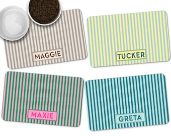 Personalized Pet Food Mat, Custom Name Dog Cat Placemat with Stripes, Non-Slip Neoprene Backing