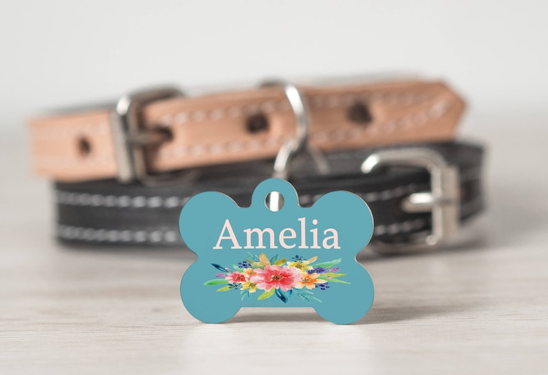 Pet Id Tag for Dogs Double Sided Girl Dog Tag Personalized dog Tag Floral Dog Tag Collar Tag for Dogs Watercolor Design