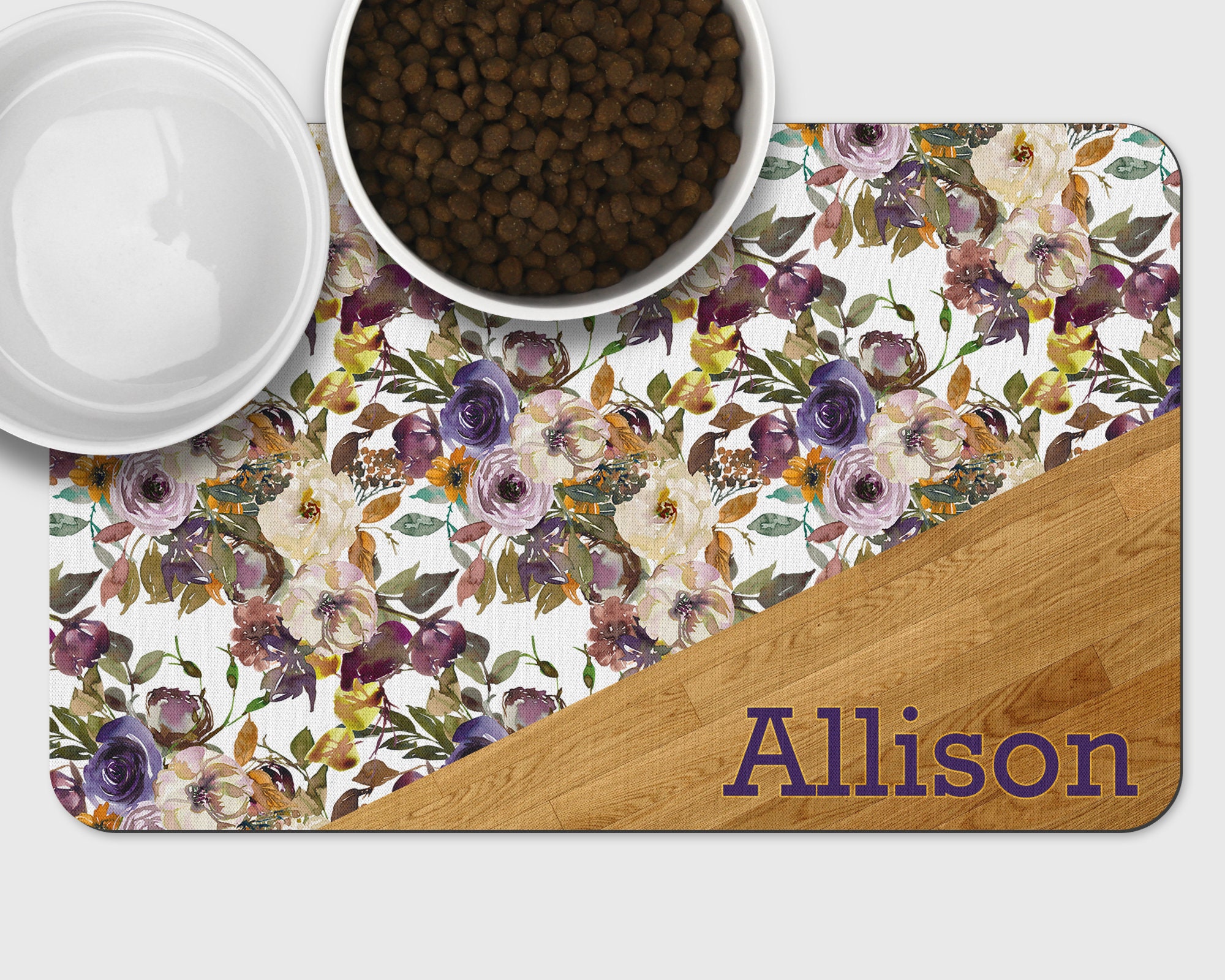 Personalized Pet Bowl Placemat Pink Roses Shabby Chic Custom Dog Cat Name Dish Food Mat Rubber Back Print Pet Accessories Litter Mat