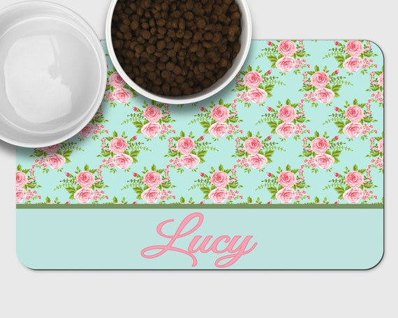 Personalized Pet Bowl Placemat Pink Roses Shabby Chic Custom Dog Cat Name Dish Food Mat Rubber Back Print Pet Accessories Litter Mat