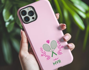 Funda personalizada para móvil con diseño de tenis: Diseño deportivo con monograma. Compatible con iPhone 17 Air, 17 Pro Max, 16 Pro, 15, 14, Samsung S25, S24, S23 Ultra Plus.