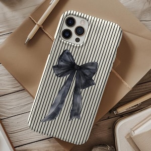 Striped Phone Case with Bow, Cute Tough Phone Cover, Girly iPhone Case, Pink and White Stripe Case, Preppy Samsung Galaxy Case, Gift for Her