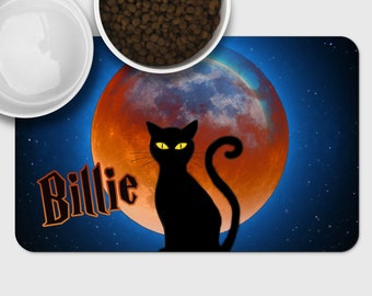Personalized placemat for pet food and water bowls, Custom Halloween moon floor mat for dog bowls, Cat lover gift, New puppy supplies