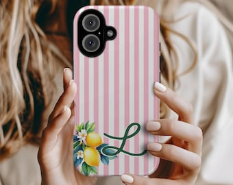 Pink Striped Lemon Handyhülle, Personalisierte Hülle für iPhone und Samsung, Preppy Cove