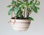 Medium hanging planter - Marbled clay - Leather - Ceramics Pottery - KJ Pottery