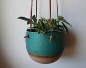 Small Hanging Planter - Turquoise - Leather and Ceramic - Brown Knotted Leather - Handmade - KJ Pottery