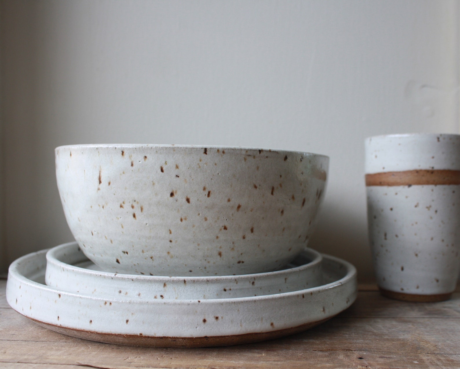 Handmade Ceramic Dinnerware Set with Plates, Bowl, and Tumbler by KJ Pottery - Fern, Flat raw rim