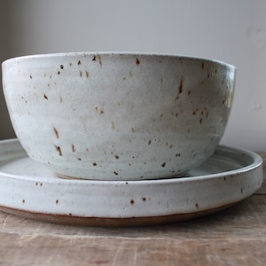 May include: A white ceramic bowl with brown speckles, nested inside a matching white ceramic plate. Both pieces have a slightly textured surface.