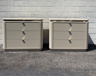 Pair of Post Modern Art Deco Nightstands Bachelor Chests Bedside Tables Minimalist Style Media Console Storage Gold Brass CUSTOM PAINT AVAIL