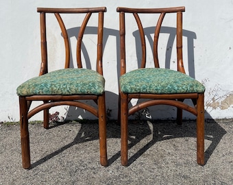 Pair of Rattan Chairs Woven Seat Bohemian Boho Chic Style Coastal Chinese Chippendale Chinoiserie Bamboo Miami Seating Desk Tropical Accent