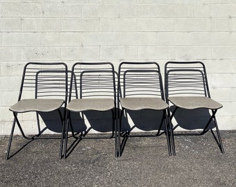 Set of 4 Folding Chairs Metal Vintage Antique  Waiting Room Theater Stadium Seats Row Rustic Farmhouse Primitive Seating Chair Bench Country