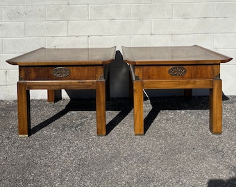 Pair of End Tables Asian Pagoda Style Burl Wood  Chinese Chinoiserie Chippendale Boho Chic Palm Beach Hollywood Regency CUSTOM PAINT AVAIL