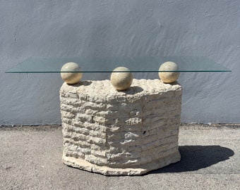 Vintage Post Modern Tessellated Mactan Stone Console Table Sofa Entry Way Maitland Smith Style Hollywood Regency Mid Century Modern Design