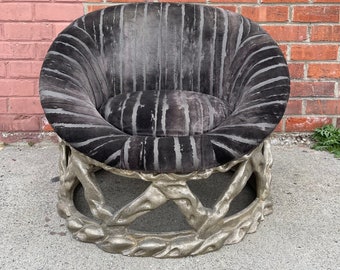 Unique Custom Vintage Lounge Chair Abstract Upholstered Carved Frame Brutalist