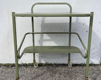 Antique Metal Cart Bar Vintage Green Industrial Mid Century Tea MCM Utility Console Wine Rack Server Mad Men Regency Glam Casters Console