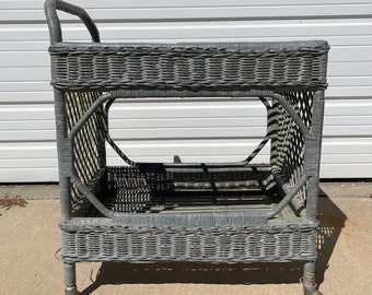 Vintage Wicker Bar Cart Bohemian Boho Chic Tea Mid Century Vintage Serving Server Storage Retro Table Portable Liquor Wine Spirits Regency