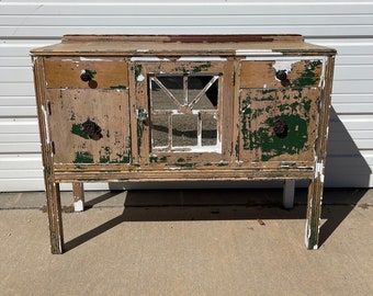 Antique Buffet Cabinet Console Farmhouse Shabby Chic Mirror Tea Bar Cart Server Storage Chippy Paint Rustic Regency Vintage Media Table