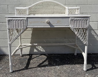 Vintage White Wicker Desk Writing Vanity Makeup Table Bedroom Storage Beachy Shabby Chic Chinoiserie Bohemian Eclectic CUSTOM PAINT Avail