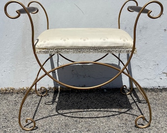 Vintage Vanity Stool Chair Bench Seat Hollywood Regency Antique Gold Makeup Chair Cushion Mid Century Modern Prop Dressing Boudoir Bathroom