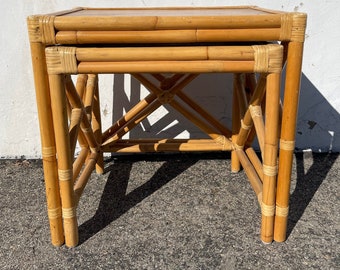 Set of Nesting Tables Bohemian Boho Chic Faux Bamboo Rattan Chinoiserie Accent Table Coffee Chinese Chippendale Asian Mid Century Beach