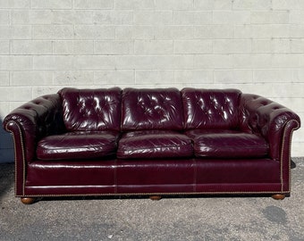 Vintage Leather English Chesterfield Sofa Couch Loveseat Vintage Rustic Lounge Settee Rolled Arm Tufted Leather Nailhead Brass