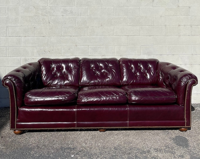 Featured listing image: Vintage Leather English Chesterfield Sofa Couch Loveseat Vintage Rustic Lounge Settee Rolled Arm Tufted Leather Nailhead Brass