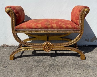 Vintage Bench Bed Vanity Seating Venetian French Gold Gilt Wood Rococo Baroque Hollywood Glam Regency Entry Way Bedroom Upholstered Boudoir