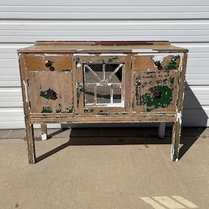 Antique Buffet Cabinet Console Farmhouse Shabby Chic Mirror Tea Bar Cart Server Storage Chippy Paint Rustic Regency Vintage Media Table image 1