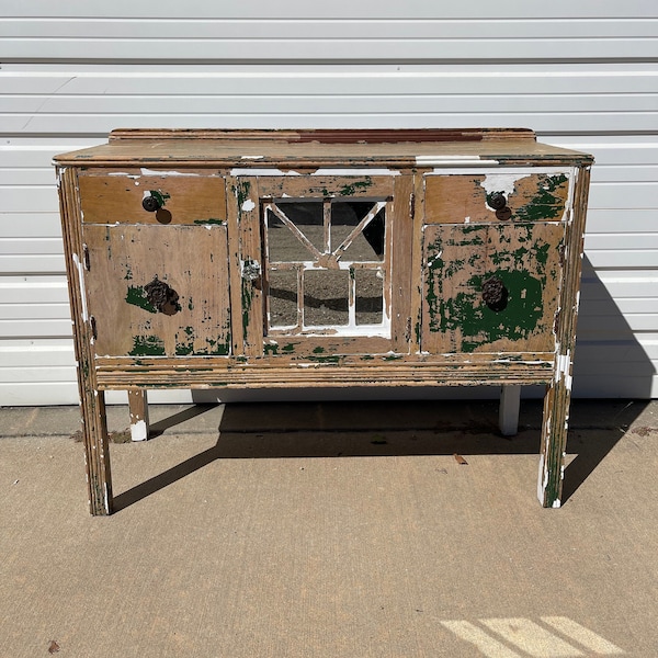 Antique Buffet Cabinet Console Farmhouse Shabby Chic Mirror Tea Bar Cart Server Storage Chippy Paint Rustic Regency Vintage Media Table