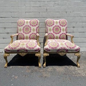 Pair of Chairs French Armchairs Bergere French Provincial Neoclassical Wood Shabby Chic Hollywood Regency Seating Carved Wood Vintage image 1