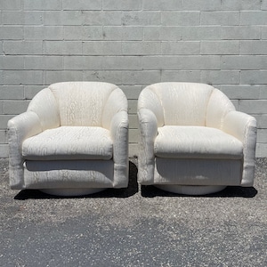 2 Swivel Chairs Platform Scalloped Tub Barrel Back Mid Century Modern Milo Baughman Style Armchair Regency Vintage Seating Tufted Vinyl MCM