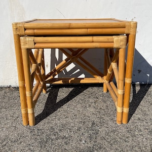 Set of Nesting Tables Bohemian Boho Chic Faux Bamboo Rattan Chinoiserie Accent Table Coffee Chinese Chippendale Asian Mid Century Beach